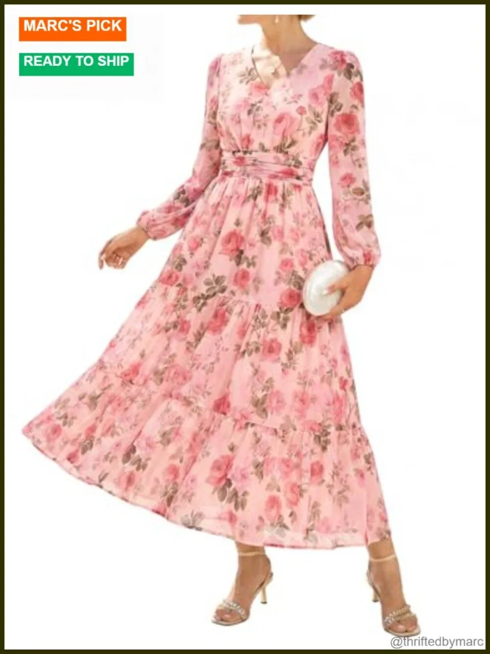 Floral Maxi Dress Long Sleeve V-Neck Fit and Flare with Pockets Wedding Guest